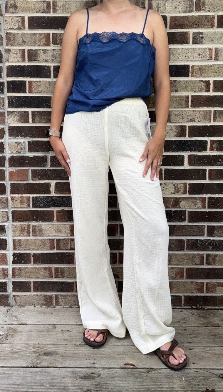 NWT TRUE Craft Women’s Ivory 100% Cotton Wide-Leg Pants S Long Elastic Waist